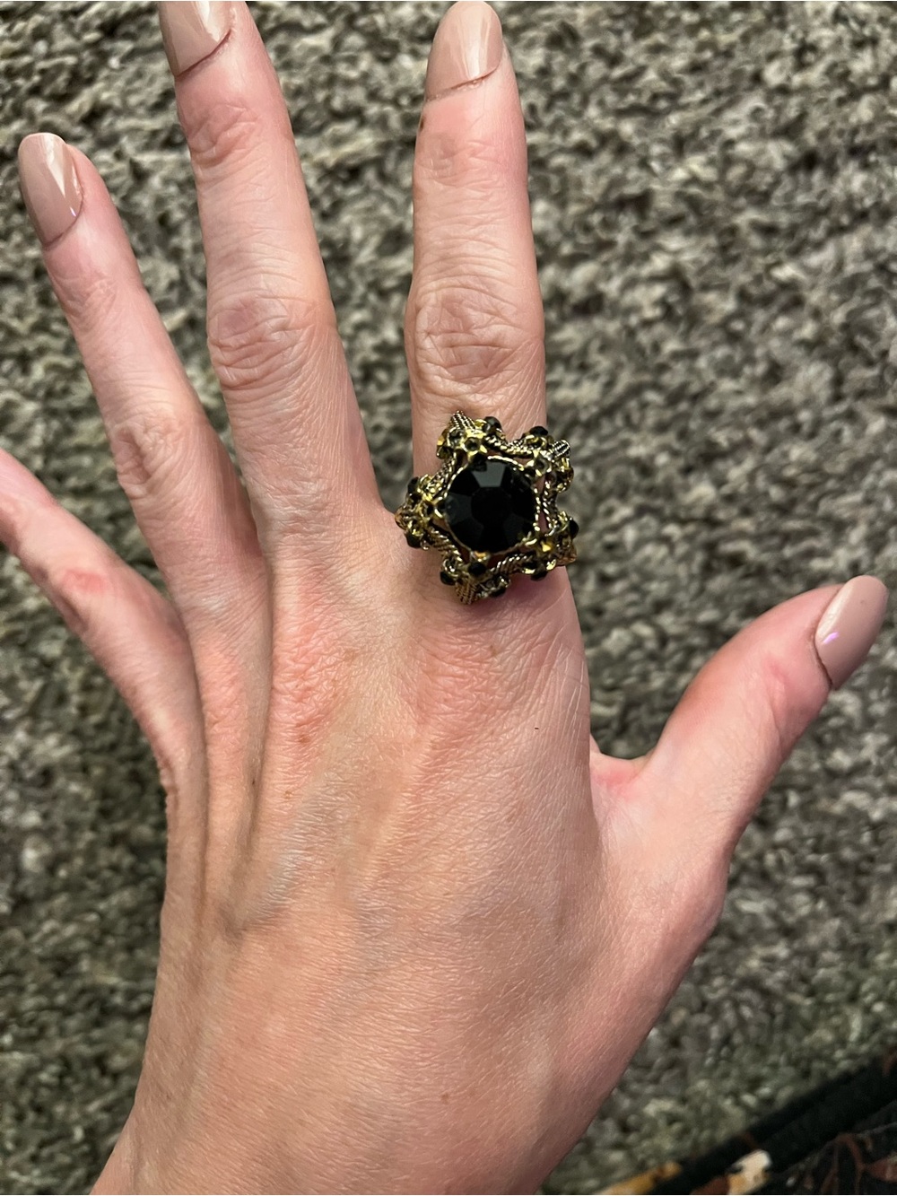 Vintage Ornate Gold-Tone Ring with Black Faceted Stone